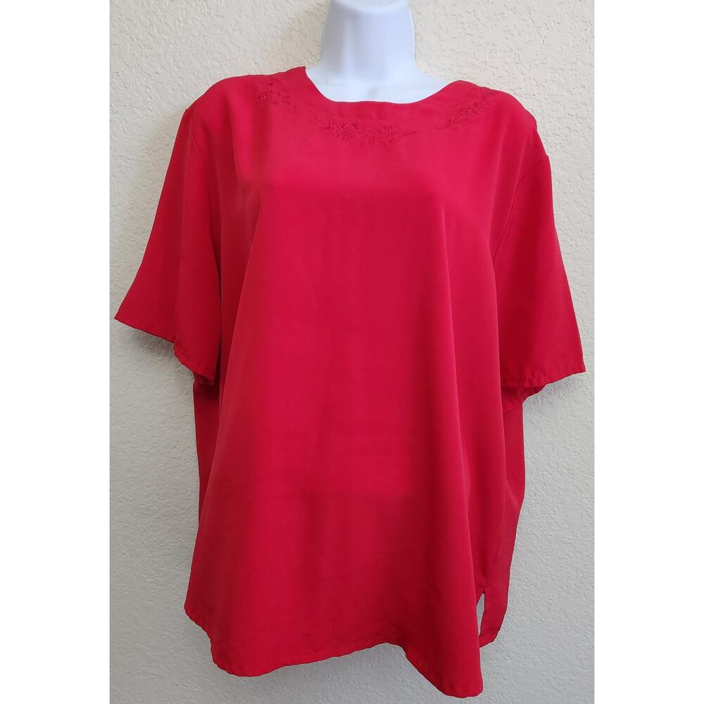 Modern Essentials Red Embroidered Neckline Top 20W Plus Lightweight Soft Flowy